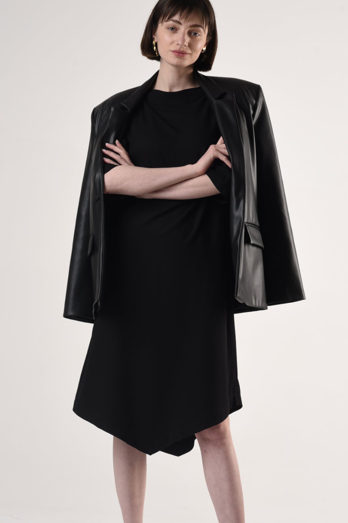 Suzi | Belted Angle Dress with Boat Neckline in Black