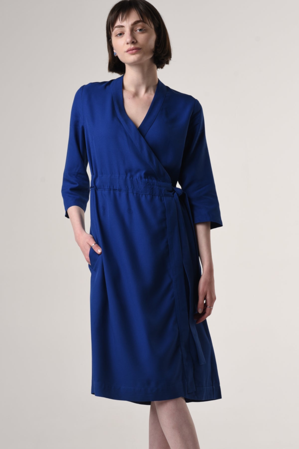 Sandra | Midi Wrap Dress with Built-in Belt in Midnight Blue