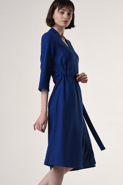 Sandra | Midi Wrap Dress with Built-in Belt in Midnight Blue