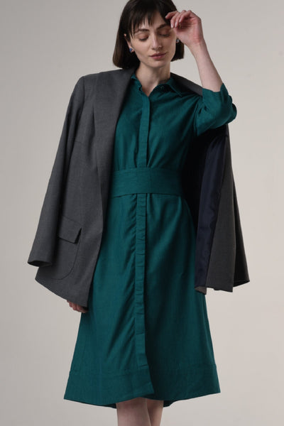 Mariam | Linen Shirt Dress with Wide Belt in Forest Green