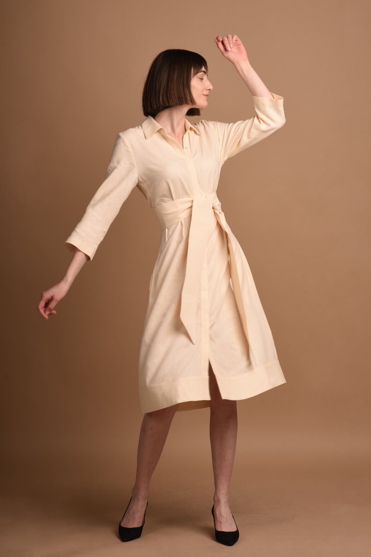 Mariam | Linen Shirt Dress with Wide Belt in Champagne