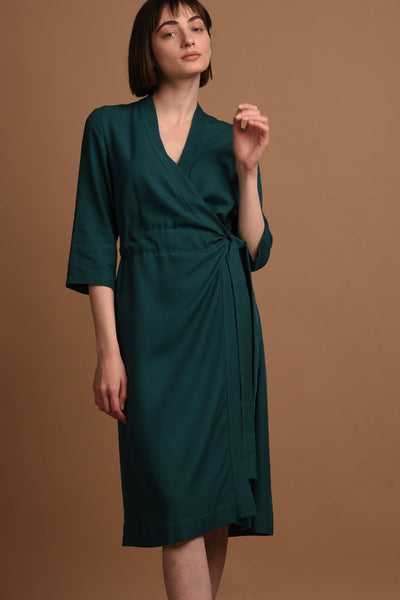 Sandra | Midi Wrap Dress with Built-in Belt in Emerald Green
