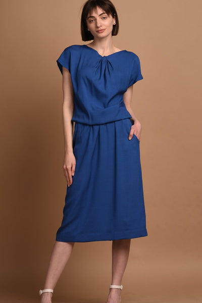 Amy | Midi Dress with Pencil Skirt and Neckline Detail in Classic Blue
