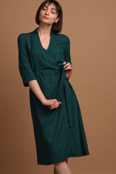 Sandra | Midi Wrap Dress with Built-in Belt in Emerald Green