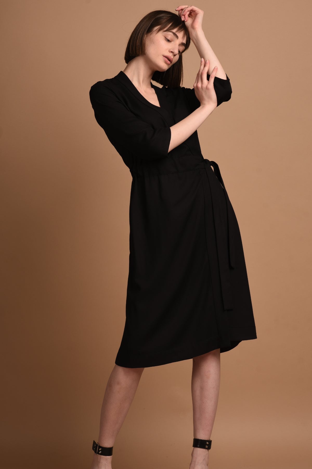 Sandra | Midi Wrap Dress with Built-in Belt in Black