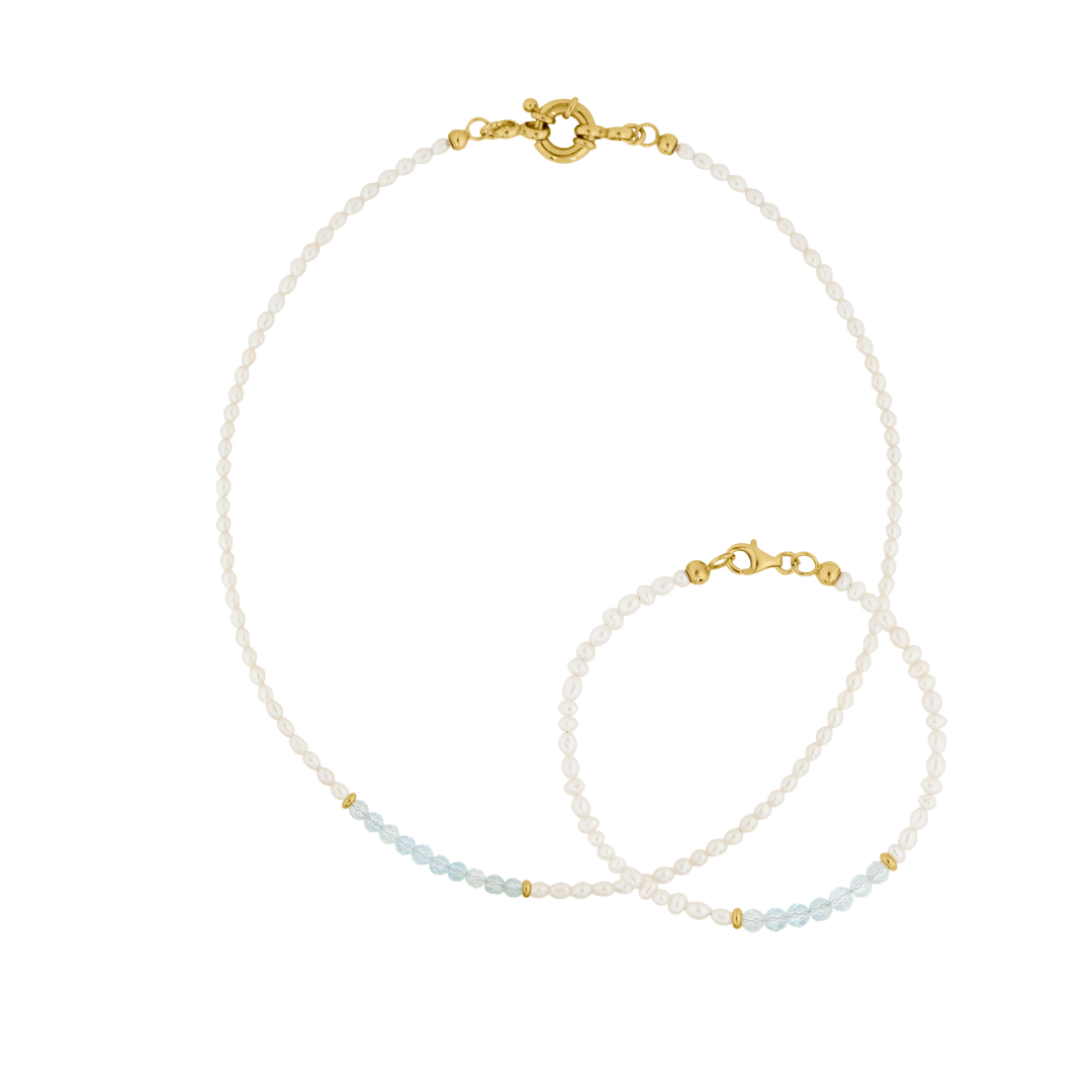 Tiny Luster Chain + Bracelet Set - Aquamarine